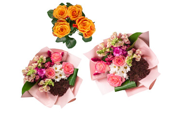 Bouquet of  soft pink flowers in pink wrapping paper.