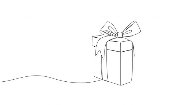 animated gift box with ribbon single line drawing isolated on white, line art animation