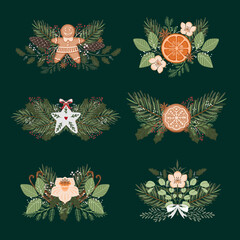 Christmas symmetry arrangement with holiday decoration and winter botany