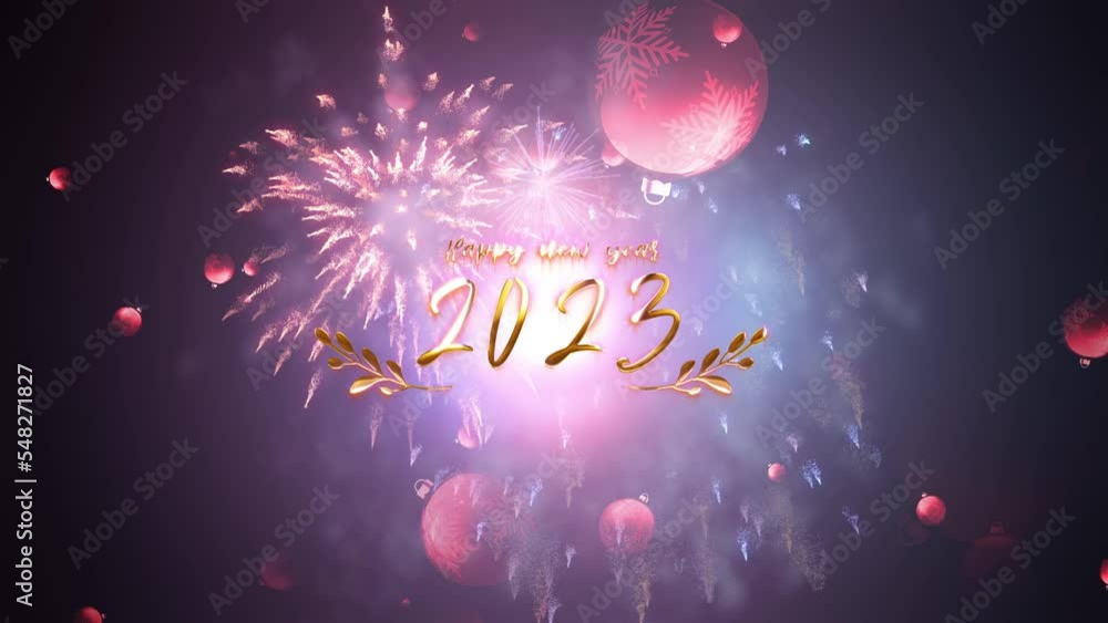 Poster happy new year 2023 golden light effect text with many exploding colorful fireworks and flow red chr