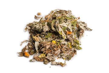 Dry tea leaves and dry fruit isolated on white background.