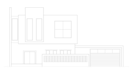
2D architectural graphic CAD illustration of the front facade of a modern house. 2 floors with modern elements. Black and white.