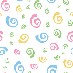 seamless repeat pattern with simple and colorful swirls whirls floating on a white background perfect for fabric, scrap booking, wallpaper, gift wrap projects

