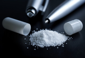 Opened medical pill capsule with white powder on a black background next to pen. Concept of modern...