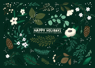 Christmas greeting card with Winter botanical and lettering on dark background