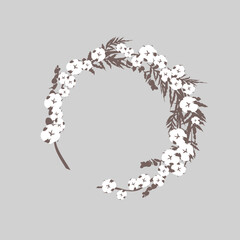 Hand drawn round wreath with white cotton. Flat vector illustration.