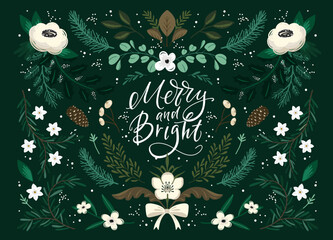 Christmas greeting card with Winter botanical and lettering on dark background