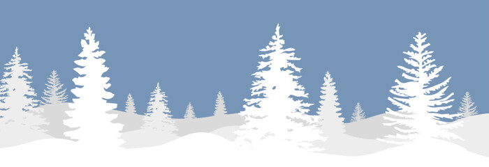 Silhouettes of spruce trees on a snowy blue background.Snowdrifts.Spruce tree forest  © Artak
