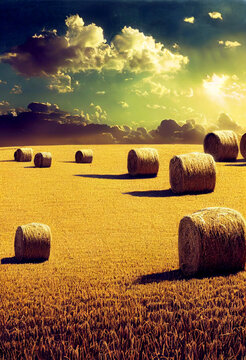 Horizontal shot of a peaceful hay bale farm 3d illustrated