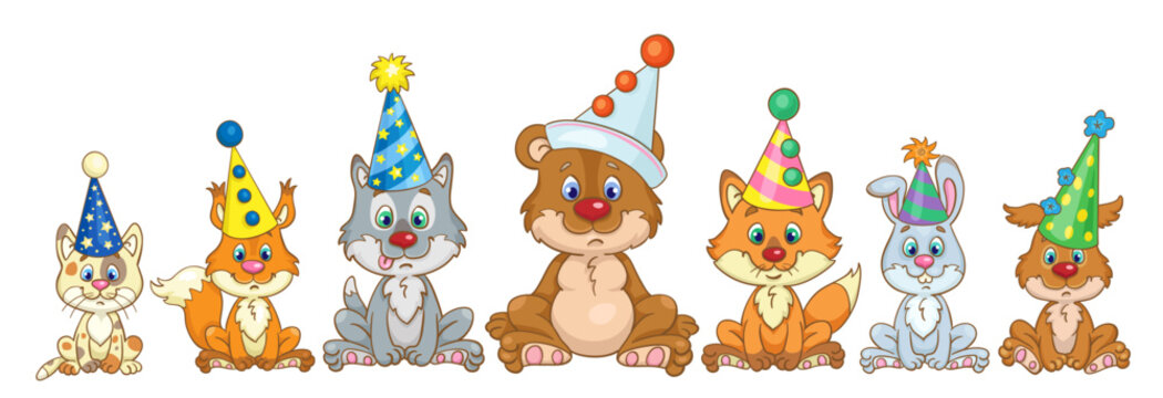 Funny animals sit in carnival hats. In cartoon style. Isolated on white background. Vector illustration