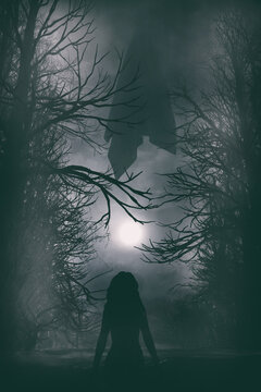 haunted dark forest with ghost and female figure during full moon night with soft focus background