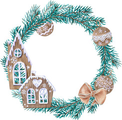 Watercolor Christmas wreath on white background. Christmas decor made of wood, lace and jute rope