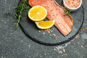 red fish, fresh fillet of salmon or trout steak, banner, menu, recipe place for text