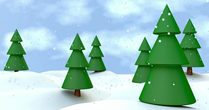 Winter landscape with falling snow and green pines or fir trees on snowy field against the cloudy sky stylized low poly 3d rendered video. Nature scene. Winter holidays background.