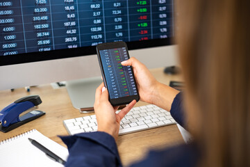 Business woman at the desk with mobile phone in the hand. Financial figures on the screen. Computer monitor in the background. Stock market, office, trading and business concept.