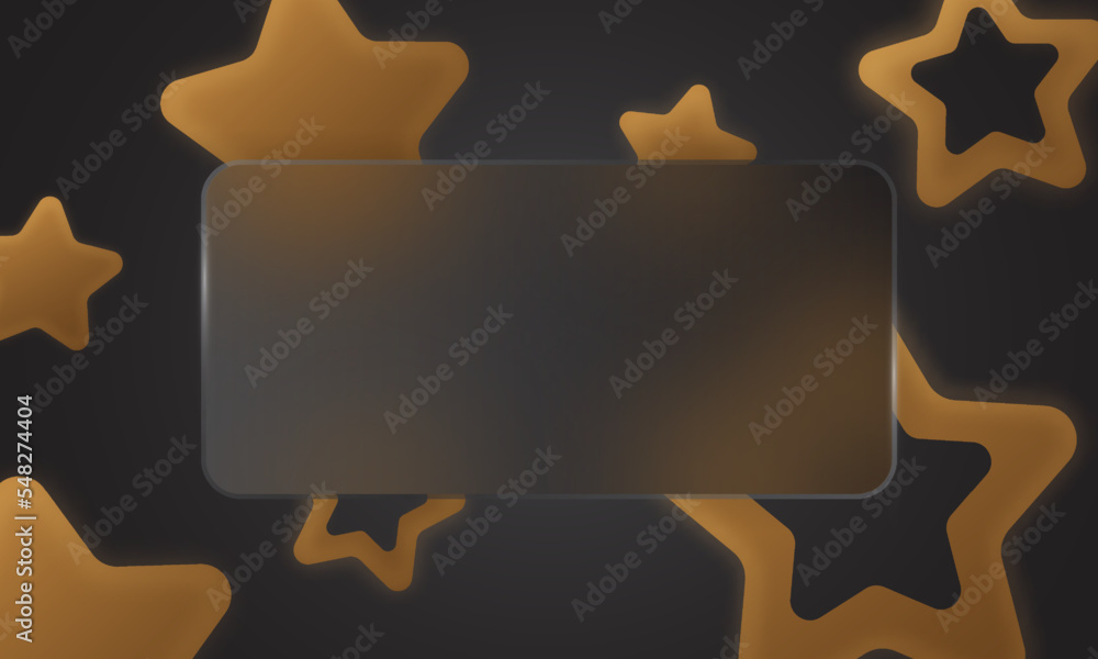 Wall mural trendy starry banner in glassmorphism style. dark background with 3d gold stars and glass overlay ef