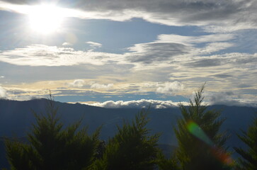 Naklejka premium mountain, benguet, philippines, view, field, landscape, nature, clouds, sky, background, green