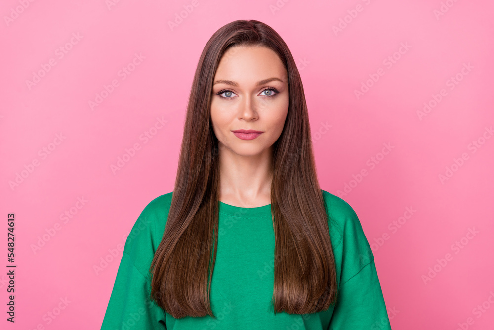 Wall mural photo of calm concentrated lovely girl look camera nice long hair isolated on pink color background - Wall murals