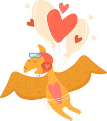 Pterodactyl, cute cartoon-style dinosaur flying on red heart-shaped balloon, flat style vector illustration, isolated on white.