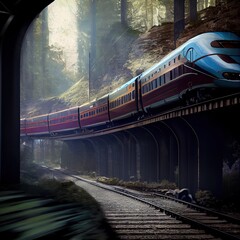 Bullet-trein rijdt op volle snelheid op spoorrails, doorkruist een regio met luxueus groen, artistieke illustratie