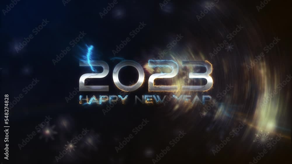 Poster 2023 happy new year lightning shine flickering text animation with glow snowflakes. beautiful cinema