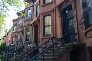 Obraz premium Row of Beautiful and Colorful Old Brownstone Homes in South Slope Brooklyn of New York City