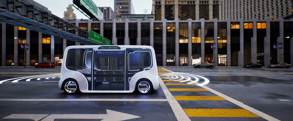 Autonomous electric bus self driving on street, Smart vehicle technology concept, 3d render © kinwun
