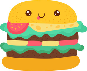 Delicious hamburger, bright funny kawaii, in cartoon style, delicious fast food, flat vector illustration, isolated on white.