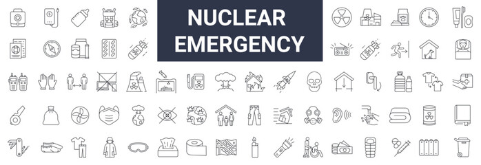 Set with 68 icons related to how to be prepared for a nuclear explosion. Collection of editable stroke line icons. War, strike, radiation, surviving, equipment.