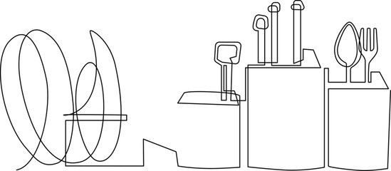 Desktop Dish rack, organizer for clean dishes. Still life on the kitchen table. Continuous line drawing. Vector illustration
