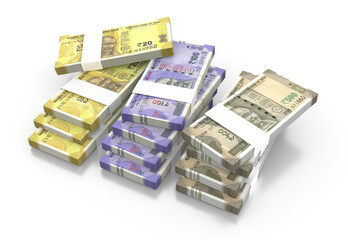Indian Rupee 20, 100 & 500 Currency Note Bundles isolated on White Background - 3D Illustration