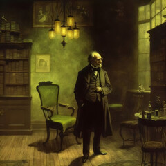 Unsettling Digital Oil Painting of a Contemplative Man in Shabby Living Room. [Digital Art Painting, Sci-Fi Fantasy Horror Background, Graphic Novel, Postcard, or Product Image]