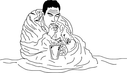 man with a cold and influenza wearing a quilt; sketch drawing of a sick man in a blanket drinking hot tea; clipart and cartoon drawing of a cold and cough patient
