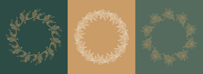 Vector set of design elements and botanical illustrations in simple linear style. Boho arch logo design elements and frames for social media stories and posts