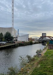 City view with buildings and the Ordsall Chord railway bridge.Taken in  Manchester City centre. 