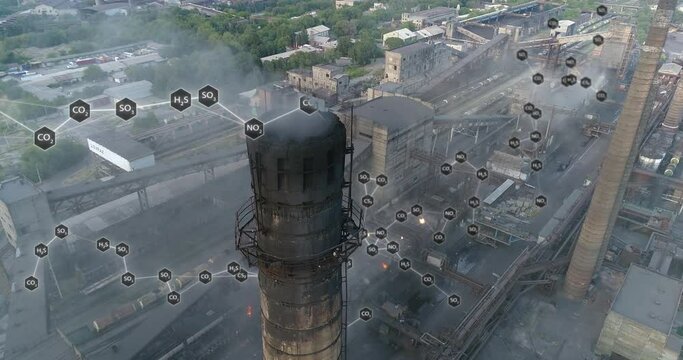 Visualization of hazardous emissions from the plant's chimney. Environmental pollution concept. Emissions from the factory chimney. Flight around the factory chimney with smoke.