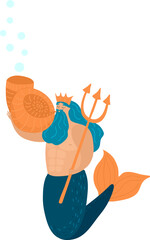 Mythological Poseidon in cartoon style, legend Neptune, mermaid man, golden trident blowing into shell, flat vector illustration.