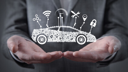 Modern smart car on male hand. Transportation. Technology