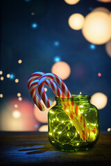 Bunch Of Candy Canes and Led Light Strips in Old Jar - 548281468