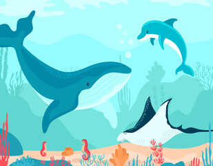 Funny, oceanic landscape in cartoon style, underwater world, sea coral reef, design, flat vector illustration, isolated on white.