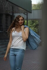Fototapeta premium woman sitting on the steps