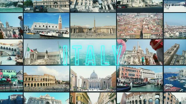 Italy split screen collage. Italy video wall. Italy multiscreen collage