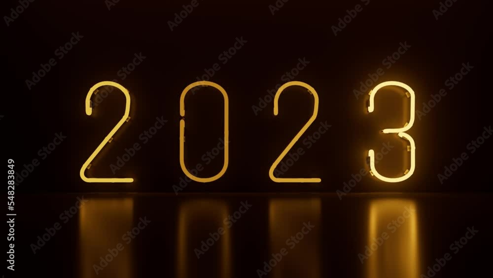 Poster 2023 title loopable 3d render of neon sign. bright orange illumination and reflective floor.
