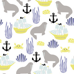 Vector seamless pattern with walrus, ship, crab, anchor, seaweed.Underwater cartoon creatures.Marine background.Cute ocean pattern for fabric, childrens clothing,textiles,wrapping paper