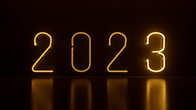 2023 title loopable 3d render of neon sign. Bright orange illumination and reflective floor. 
