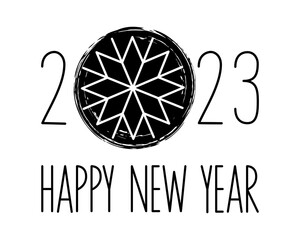 Hand drawn Happy New Year 2023 with snowflake on black ink circle