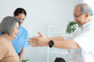 Fototapeta premium Portrait of happy senior couple with wife embracing husband, nurse doctor senior care caregiver help assistance retirement at home nursing, or hugging after sick in hospital