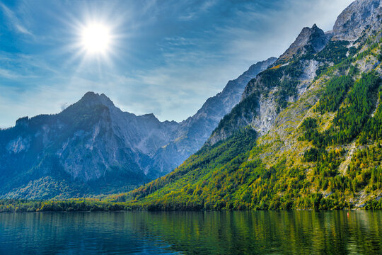 Koenigssee lake with Alp mountains, Konigsee, Berchtesgaden National Park, Bavaria, Germany
