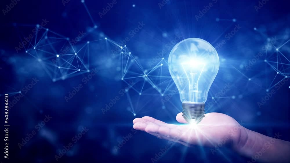 Aufkleber business idea creative concept technology. illuminated light bulb and connected polygons above hand 