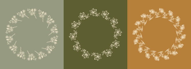 Vector set of design elements and botanical illustrations in simple linear style. Boho arch logo design elements and frames for social media stories and posts